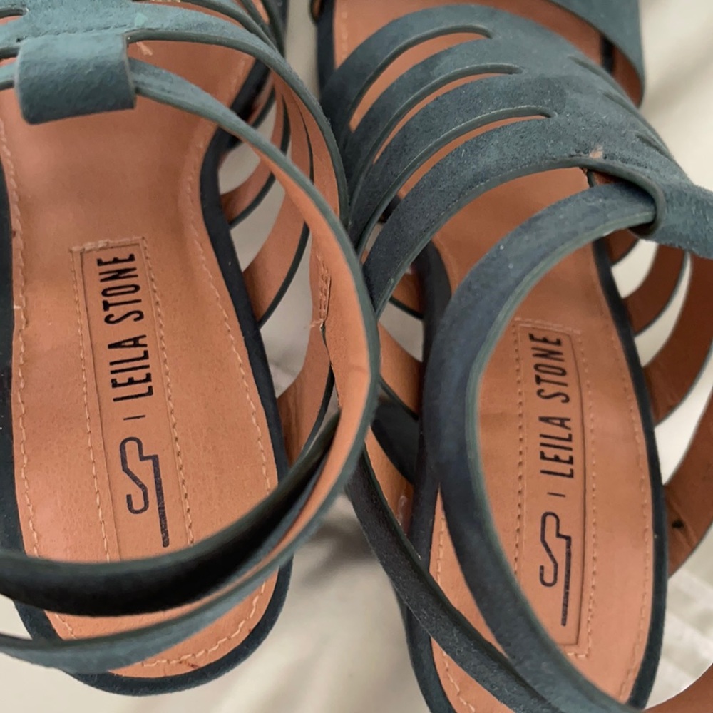 Leila Stone Forest Green OpenStrap Chunk Heels - Picture 7 of 9